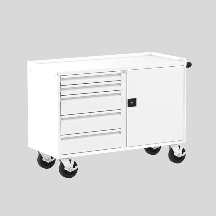 Valley Craft Mobile Workbench, 48"W Deluxe - (5) Drawers (1) Door, 48"W x 21"D x 36"H, 2000 lb. Capacity, White