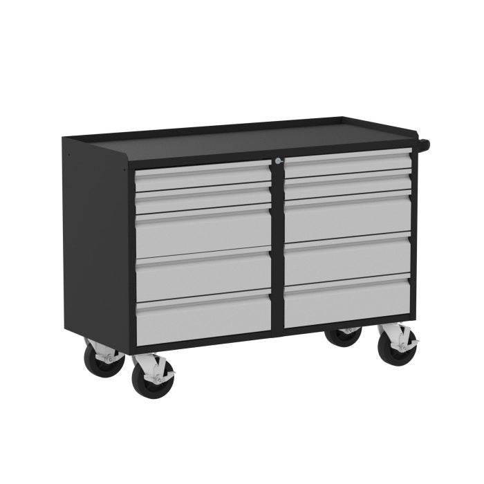 Valley Craft Mobile Workbench, 48"W Deluxe - (10) Drawers, 48"W x 21"D x 36"H, 2000 lb. Capacity, Silver/Black