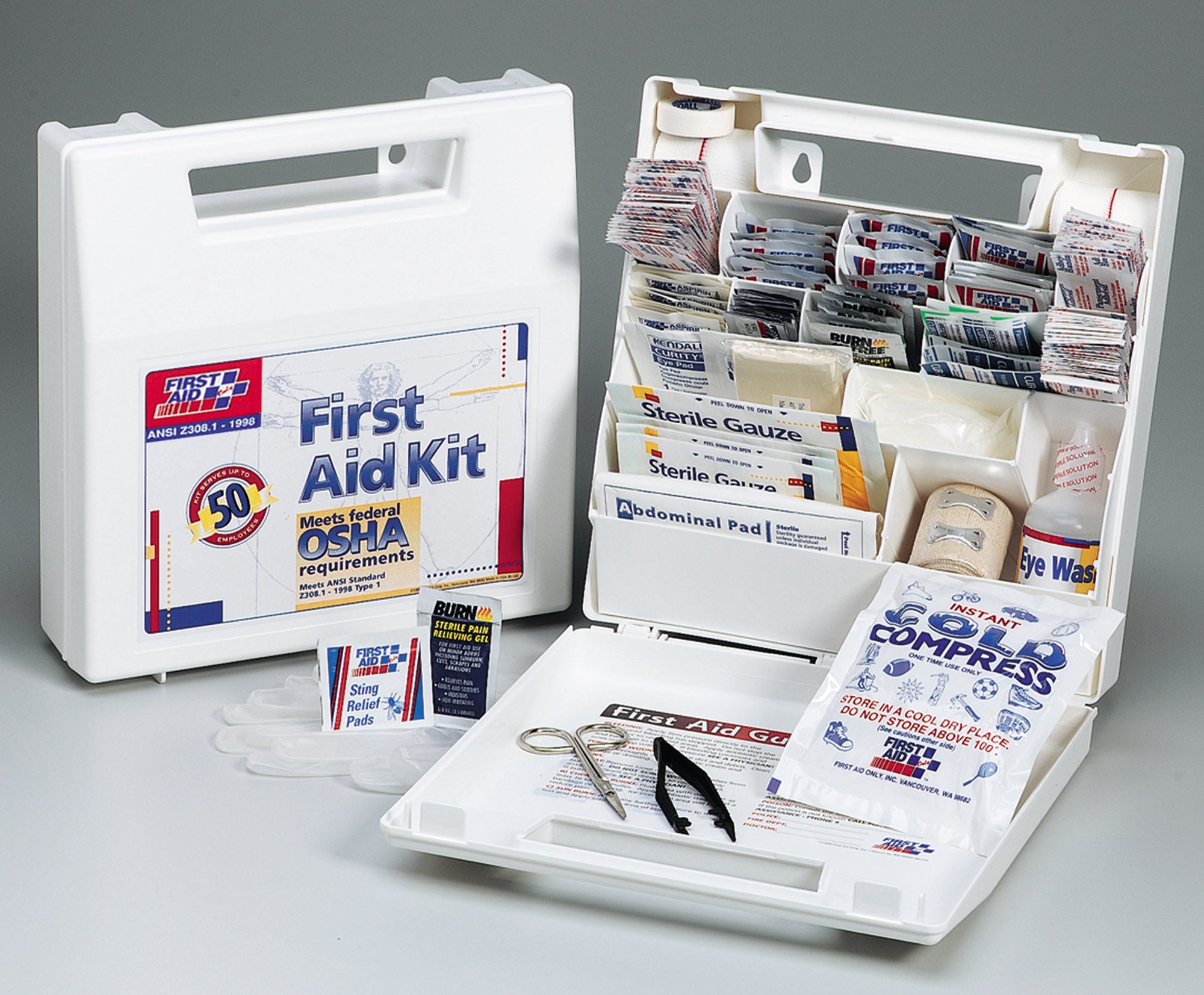 50 Person First Aid Kit, Plastic Case with Dividers 225-AN