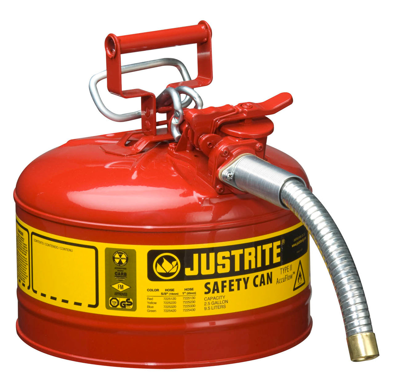 Justrite 2.5-Gallon Steel Type II AccuFlow Safety Can w/ 1" Hose