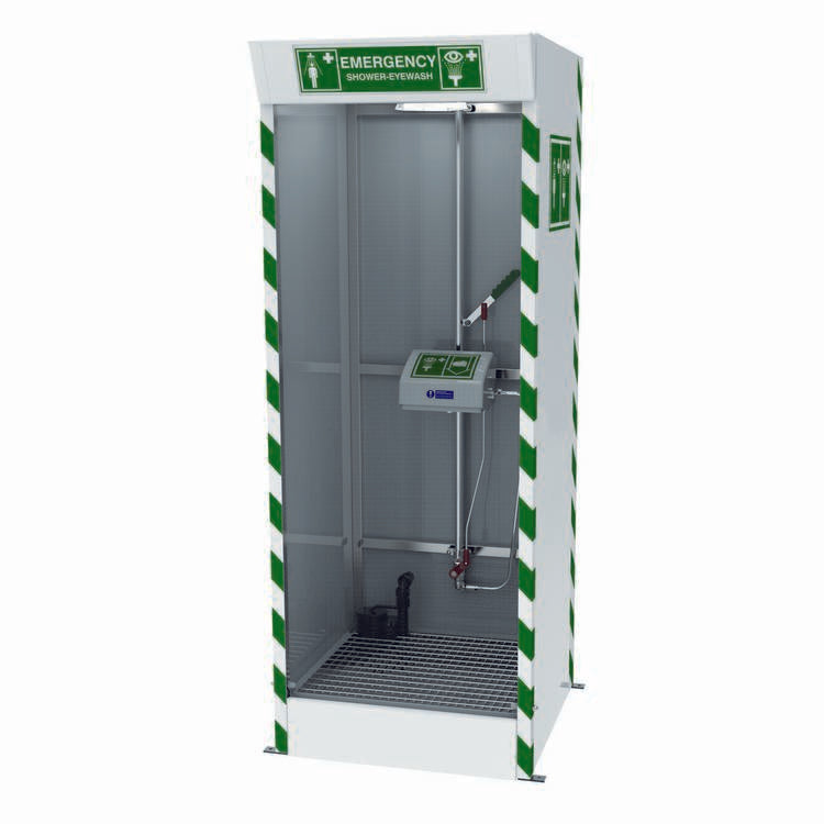 Hughes Emergency Cubicle Shower, Shower and Covered ABS Eye and Face Wash, Sump Pump, 120V