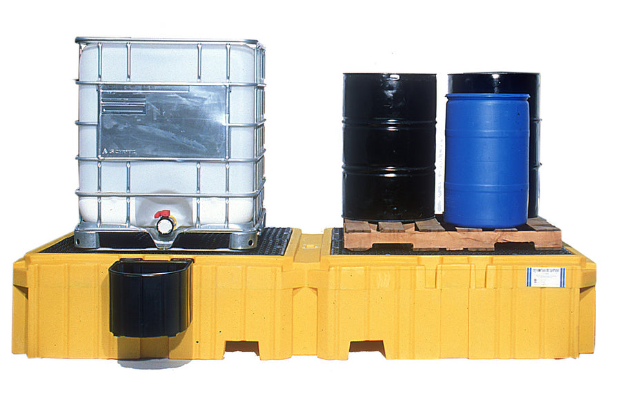 Twin IBC Spill Pallet w/ RT Bucket Shelf & Drain